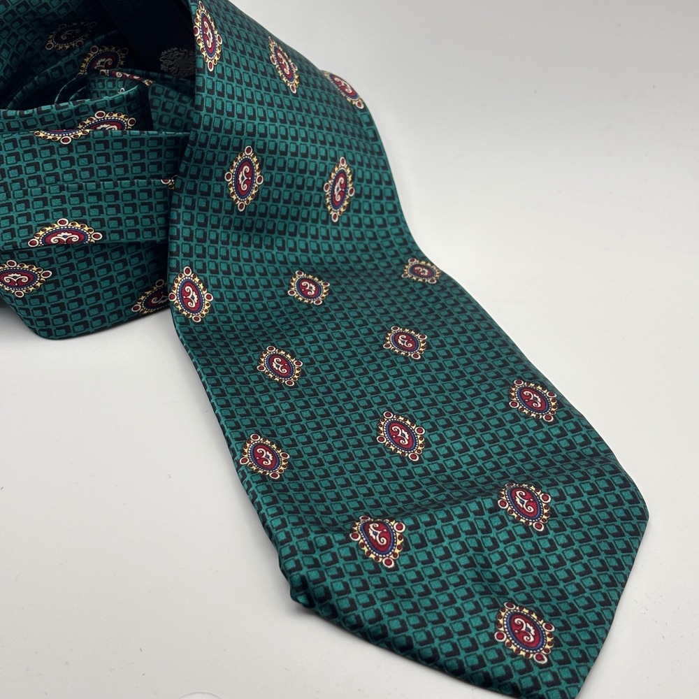 Maria Callas Tie Mens OS Green Silk Geometric Medallion Crest Milano Italy